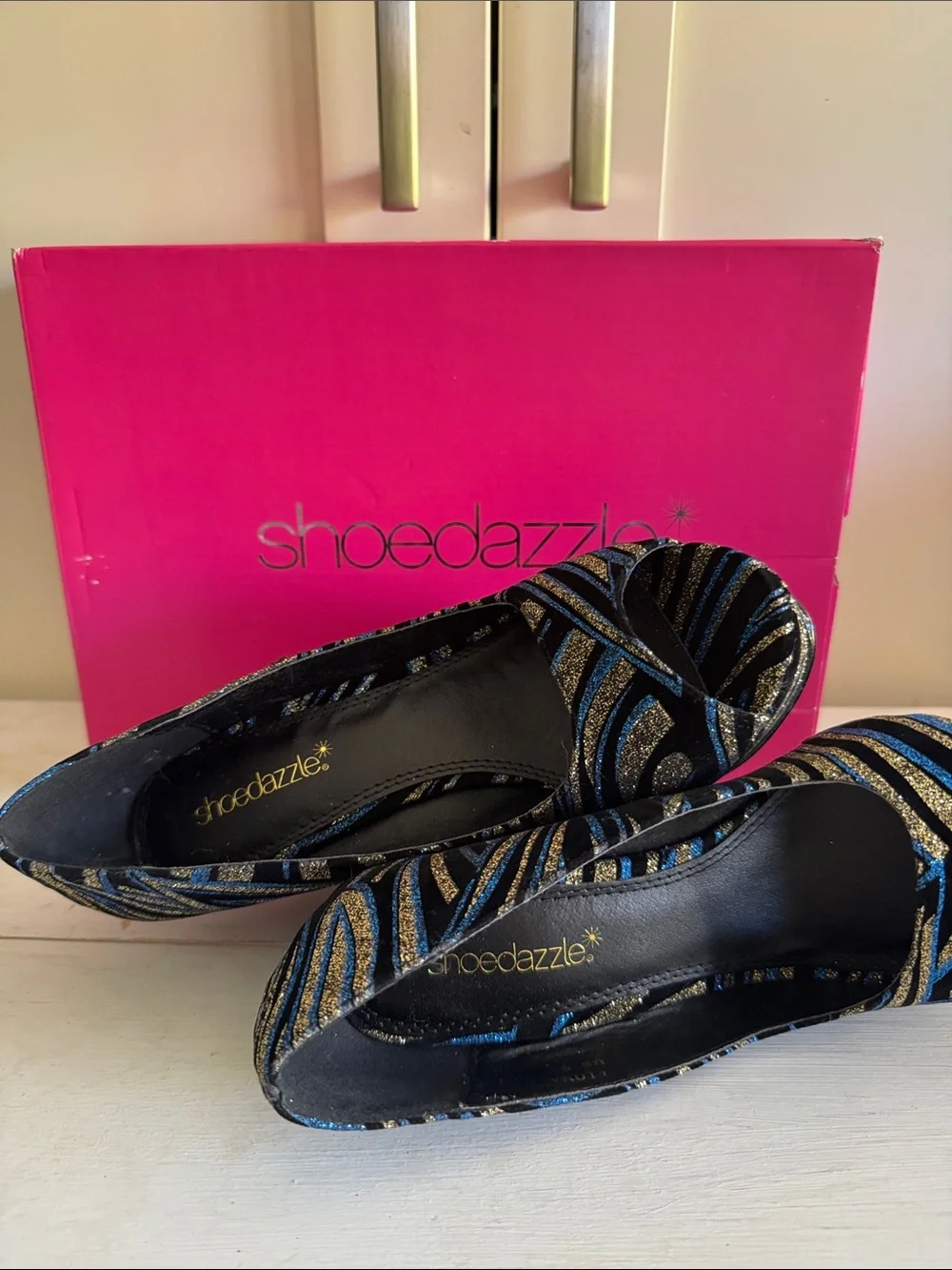 Shoe Dazzle Blue & Gold Glitter Striped Platform Peep-Toe Wedges
